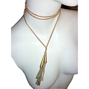 VintageLariat Y Drop Bolo Necklace with Tassels Gold ToneRetro Modern Minimalist